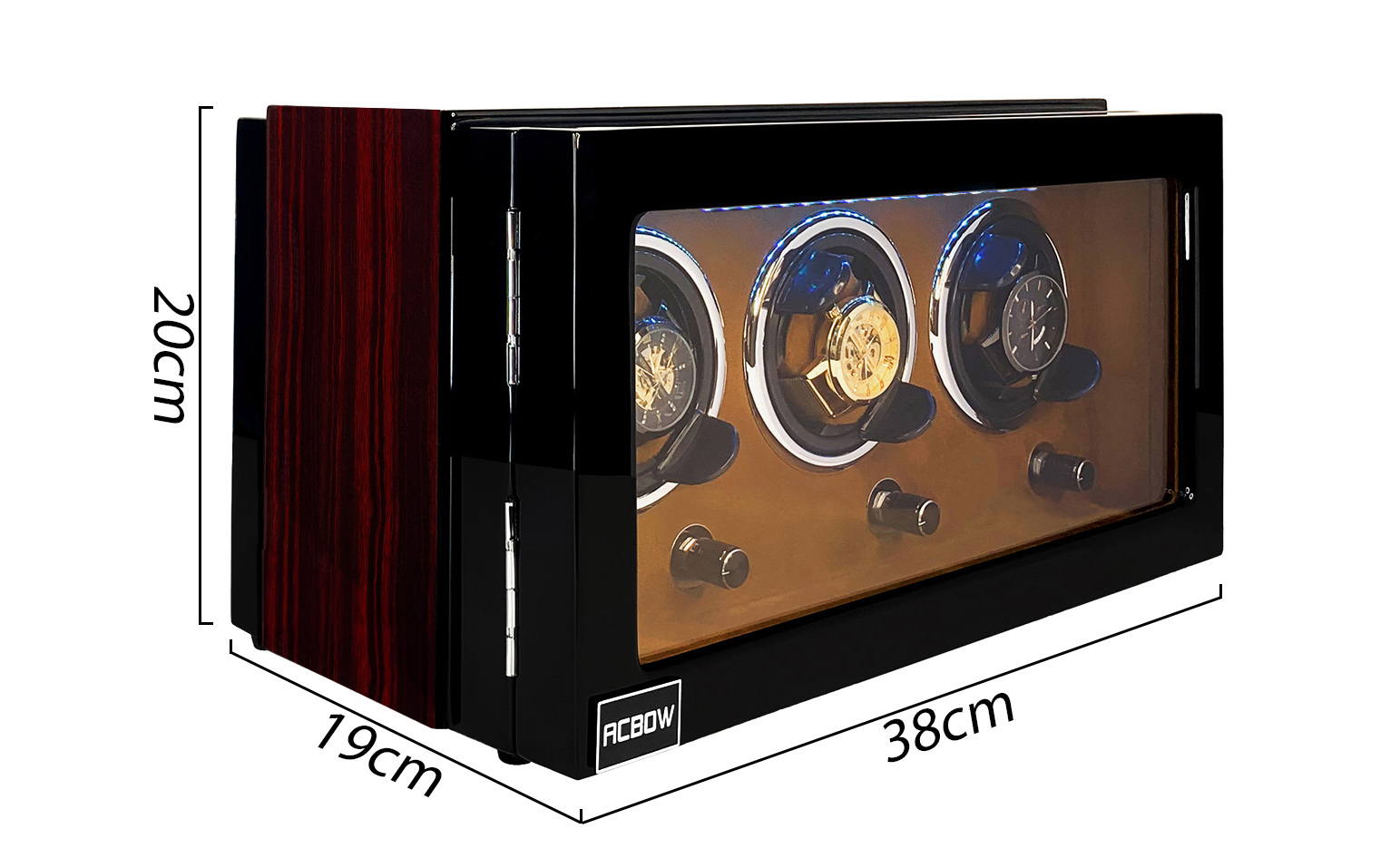 Hộp tủ đựng đồng hồ cơ ACBOW 3 ngăn tự xoay vỏ gỗ nội thất nỉ nhung có đèn LED và khóa tủ cao cấp