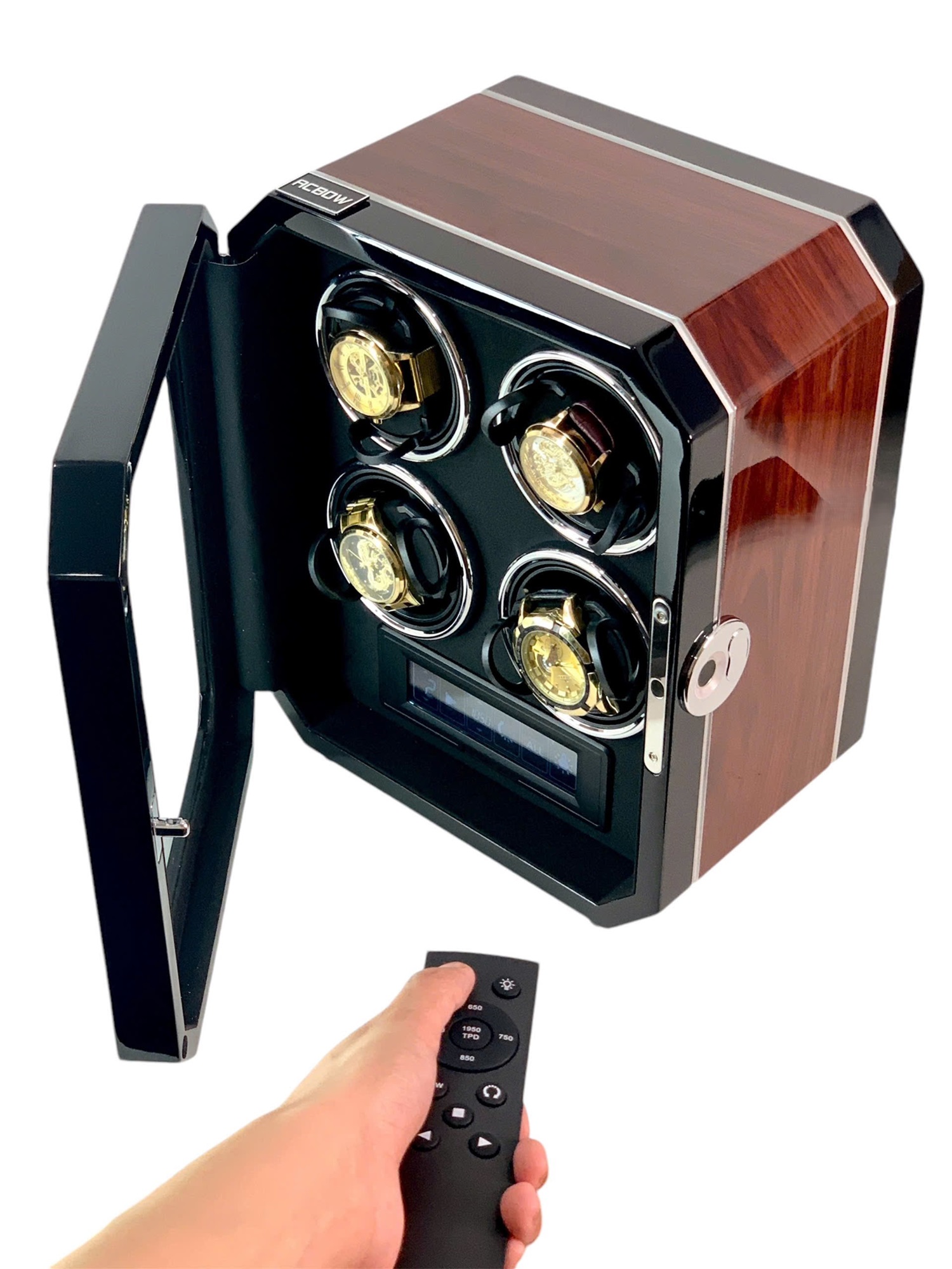 hộp xoay đồng hồ cơ acbow cao cấp 4 ngăn có remote cảm ứng khóa vân tay chính hãng