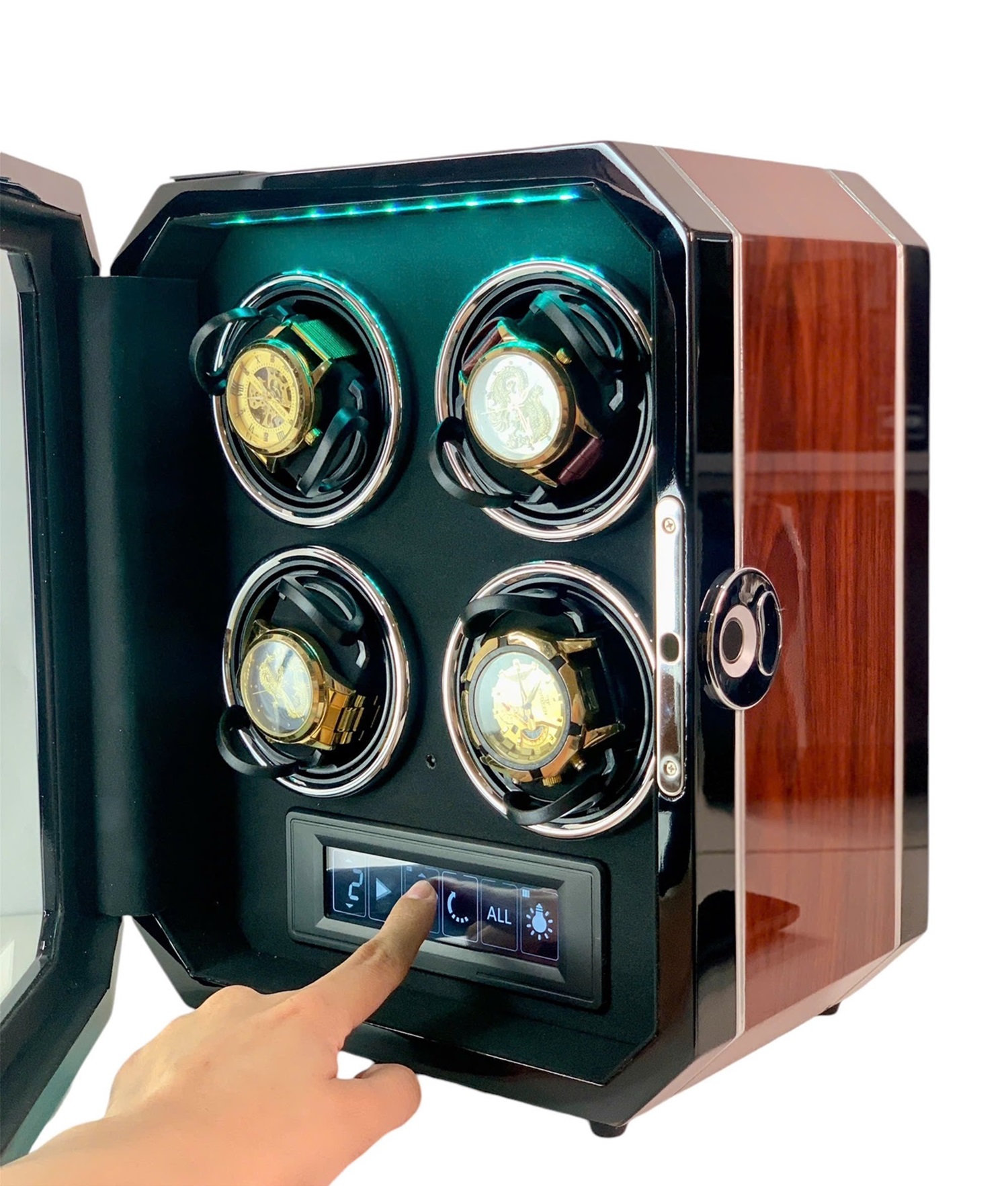 hộp xoay đồng hồ cơ acbow cao cấp 4 ngăn có remote cảm ứng khóa vân tay chính hãng