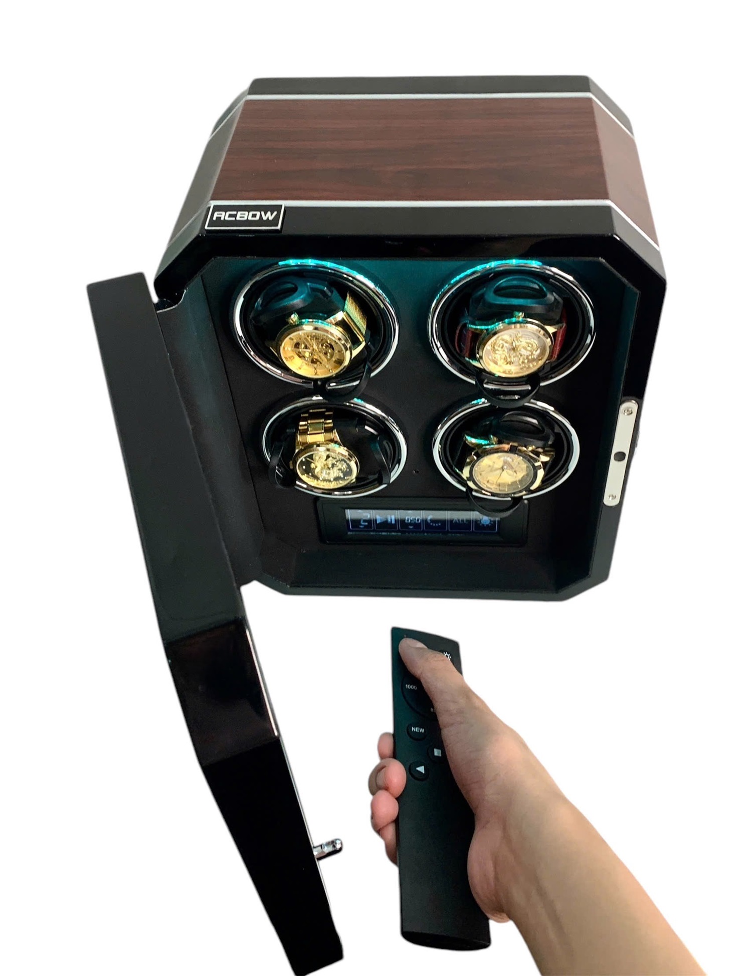 hộp xoay đồng hồ cơ acbow cao cấp 4 ngăn có remote cảm ứng khóa vân tay chính hãng