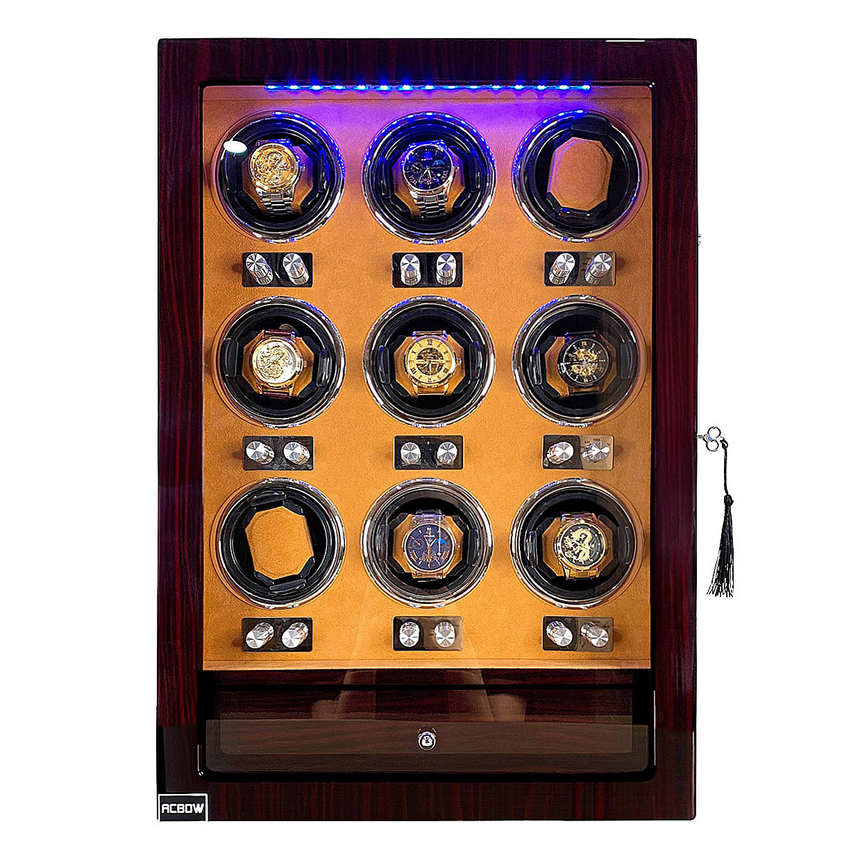 Tủ xoay trưng bày đồng hồ tự động Acbow cao cấp có ngăn kéo (9 xoay + 6 cố định) có đèn LED và khóa
