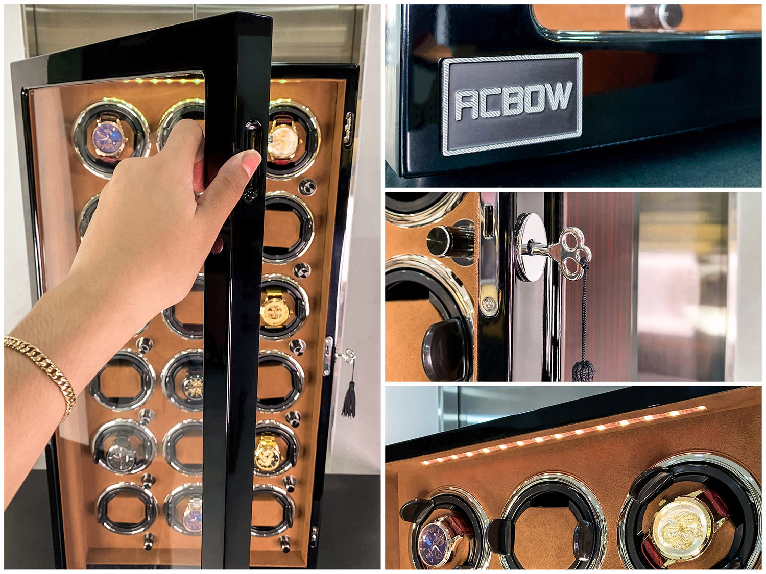 Tủ đồng hồ cơ ACBOW 18 ngăn xoay nội thất nhung nâu + đèn LED + có khóa cao cấp