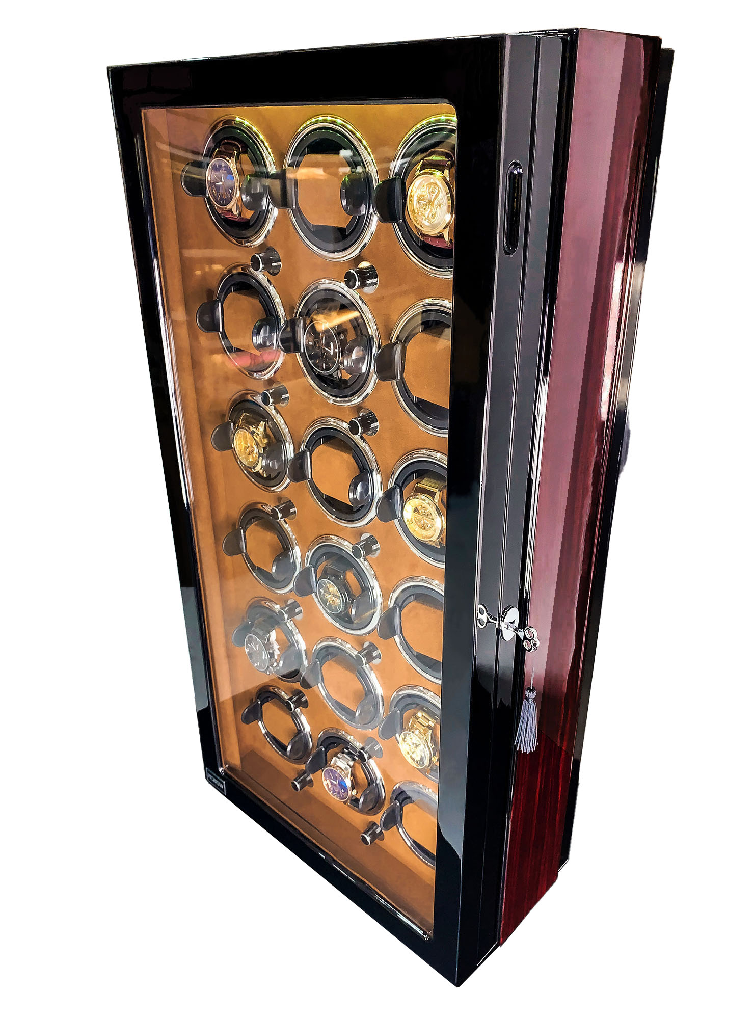 Tủ đồng hồ cơ ACBOW 18 ngăn xoay nội thất nhung nâu + đèn LED + có khóa cao cấp