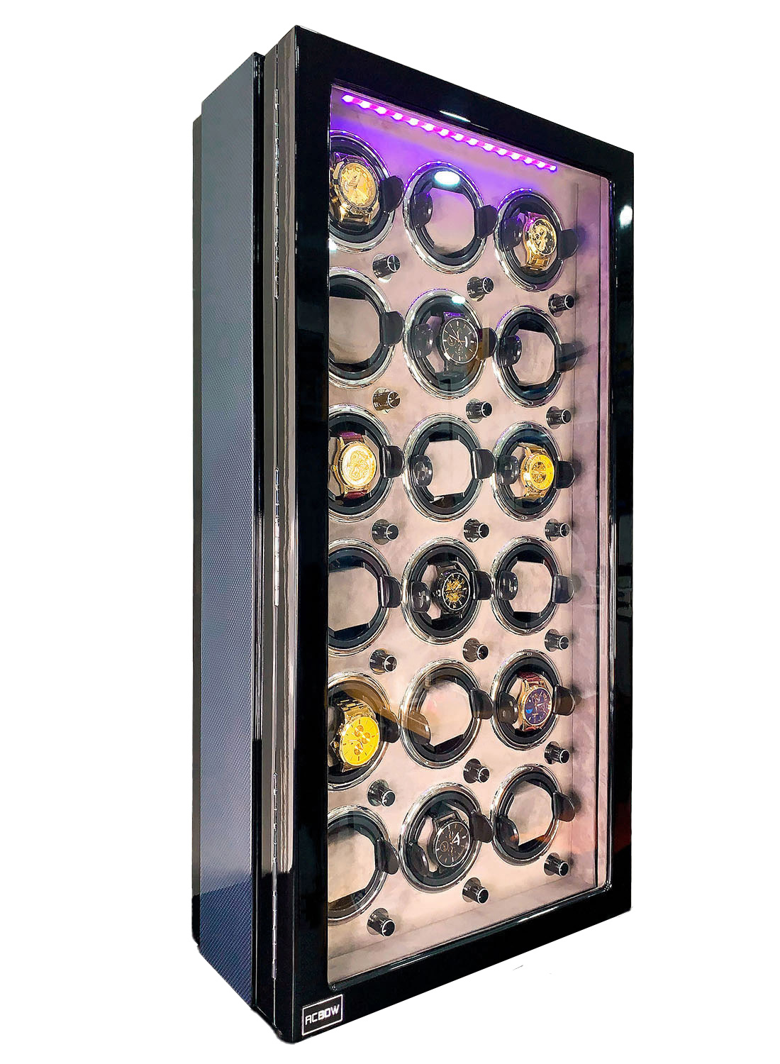 Tủ xoay đồng hồ cơ ACBOW 18 ngăn KHÓA VÂN TAY - nội thất nhung xám - điều khiển LED