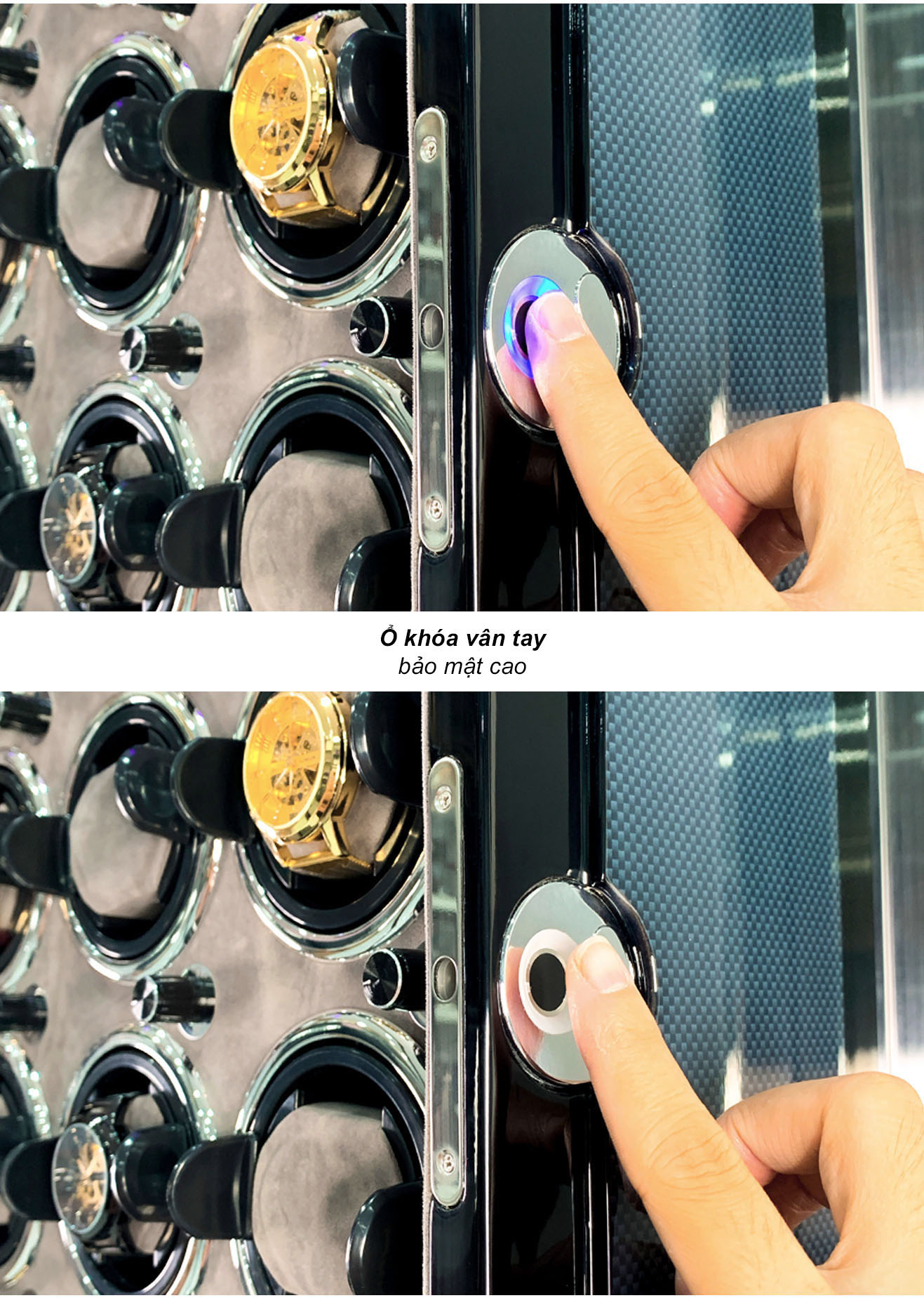 Tủ xoay đồng hồ cơ ACBOW 18 ngăn KHÓA VÂN TAY - nội thất nhung xám - điều khiển LED