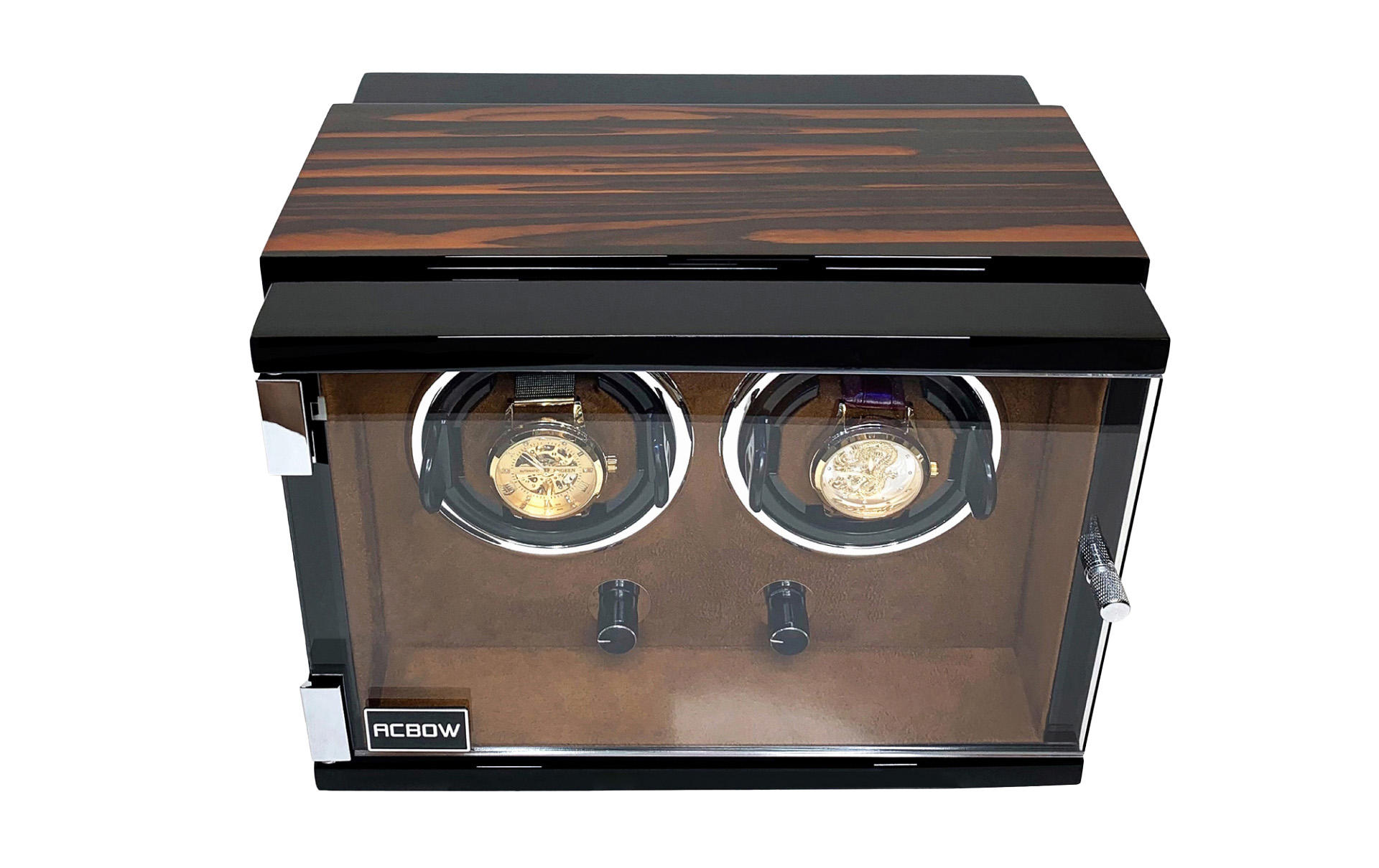 Tủ-Hộp xoay để đồng hồ cơ 2 ngăn ACBOW vỏ gỗ + lót nỉ nhung xám + đèn LED
