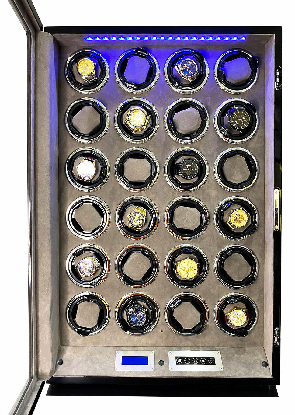 Tủ đồng hồ cơ 24 ngăn xoay acbow ổ khoá vân tay + remote + màn hình cảm ứng + đèn led nội thất