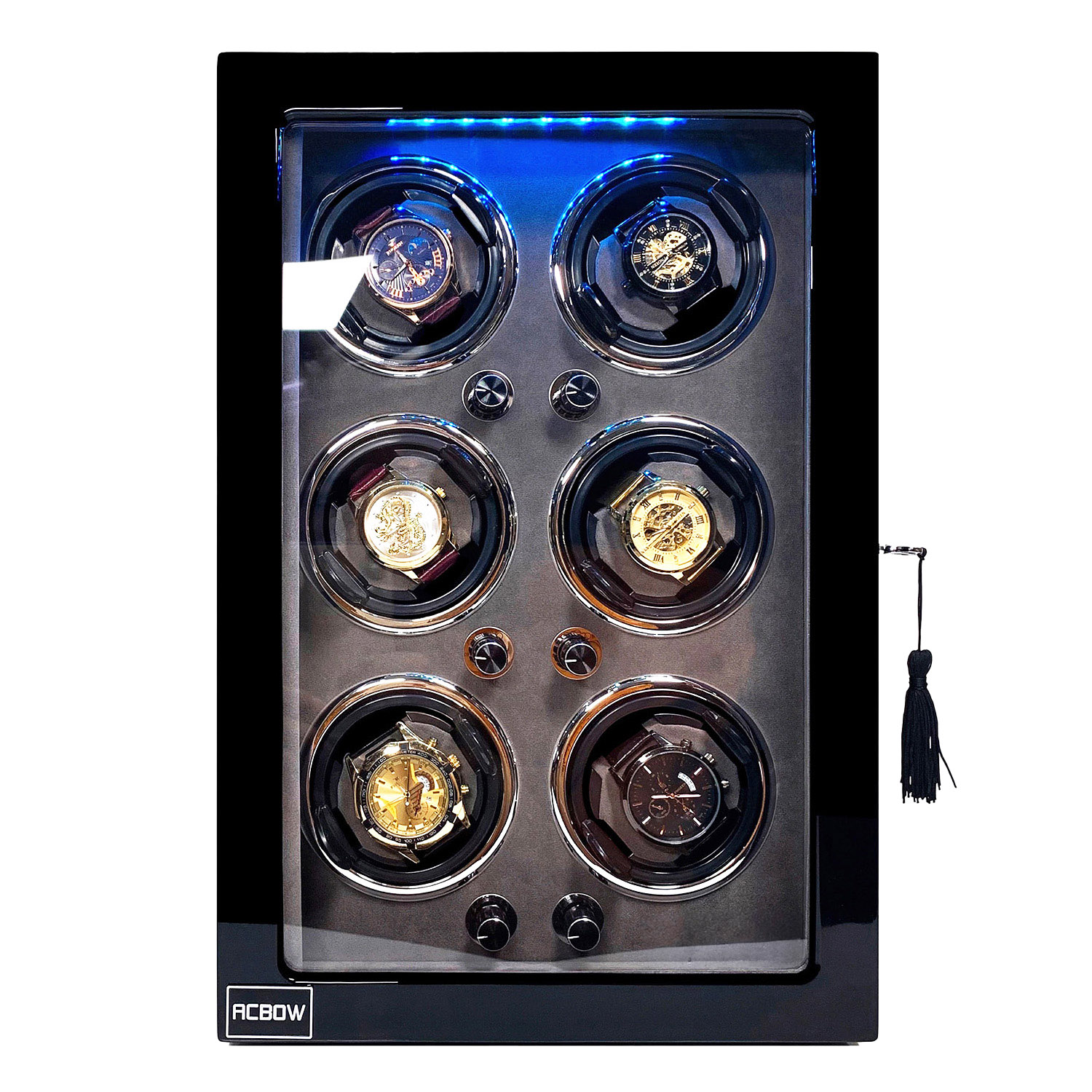 Tủ xoay đồng hồ cơ tự động ACBOW 6 ngăn cao cấp vỏ gỗ - lót nhung xám - đèn LED