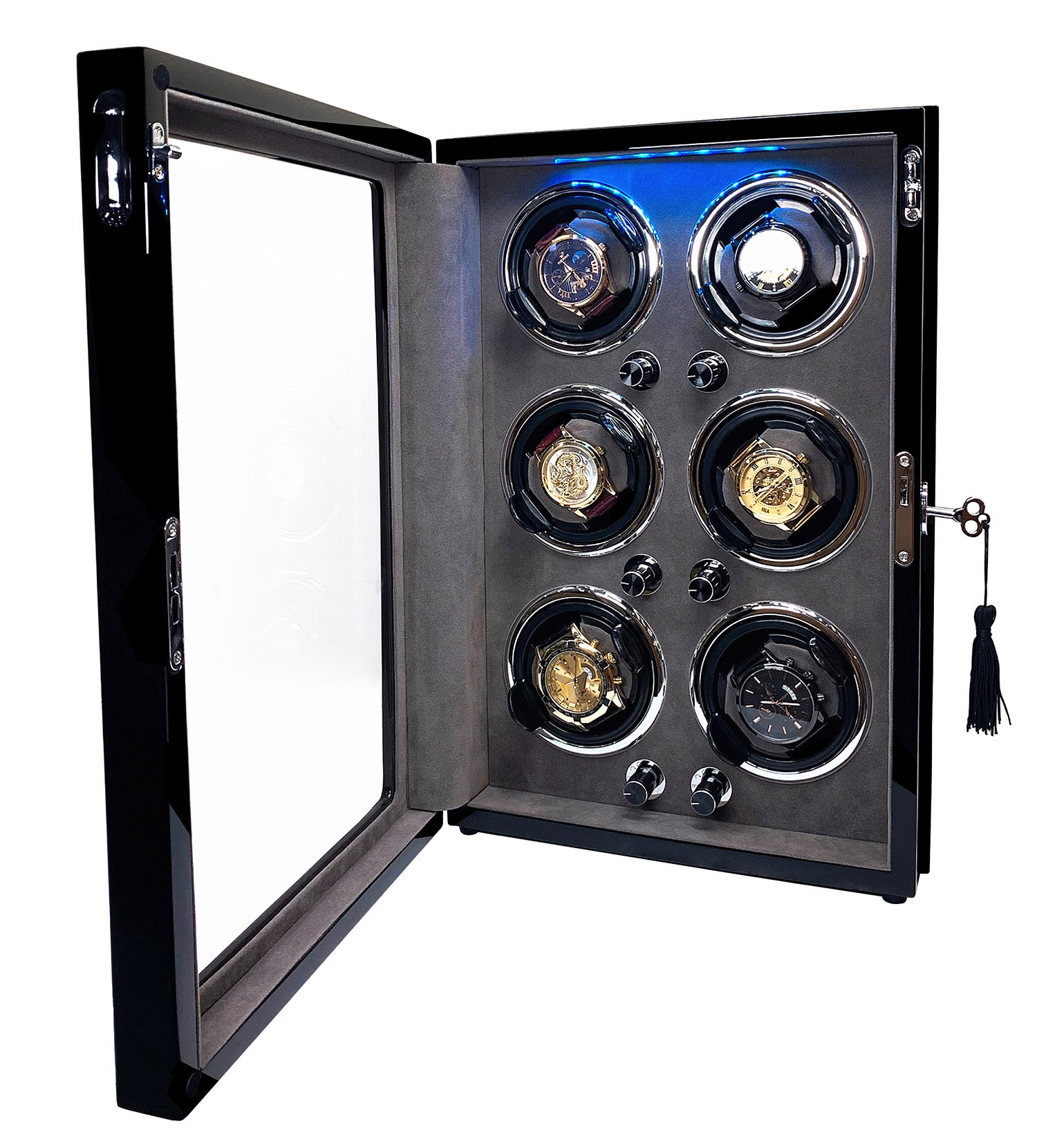 Tủ xoay đồng hồ cơ tự động ACBOW 6 ngăn cao cấp vỏ gỗ - lót nhung xám - đèn LED