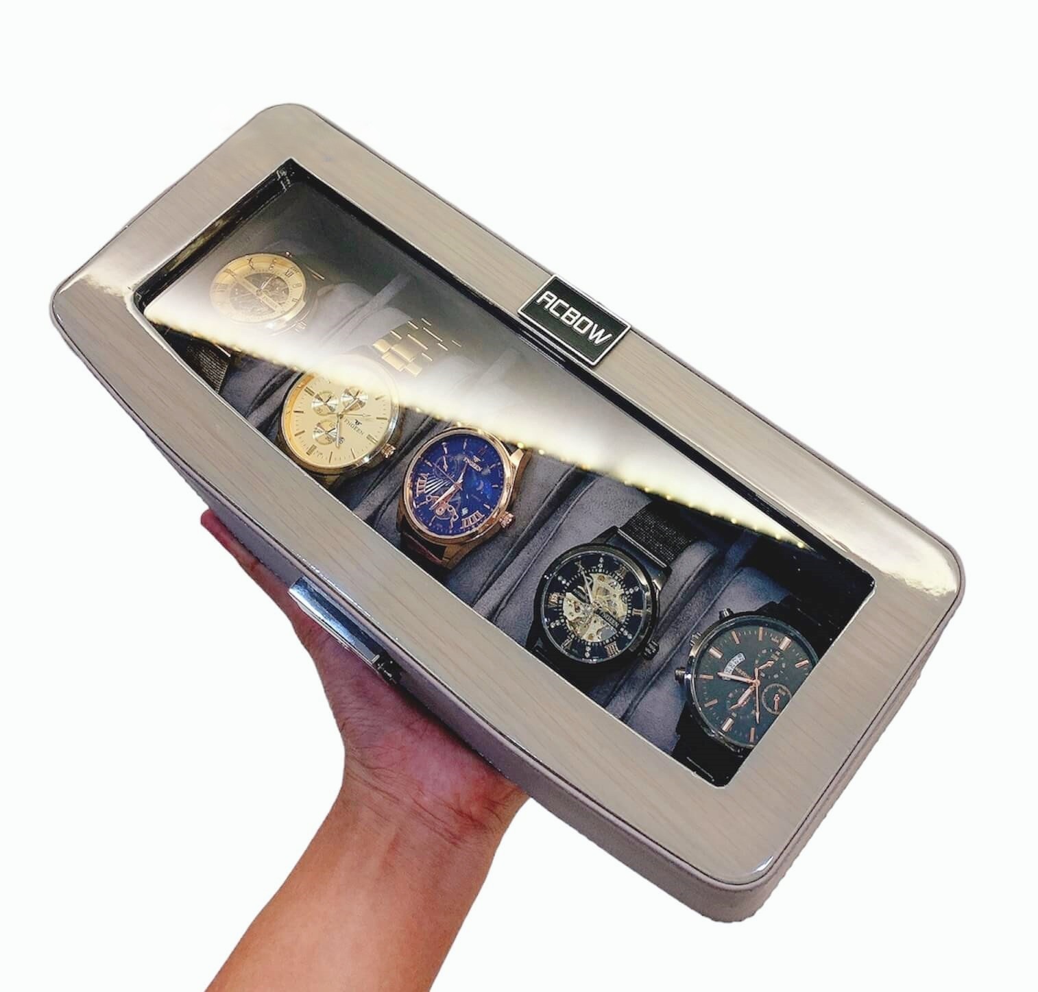 Hộp đựng đồng hồ 5 ngăn chính hãng acbow cao cấp sang trọng có khóa màu xám nhạt