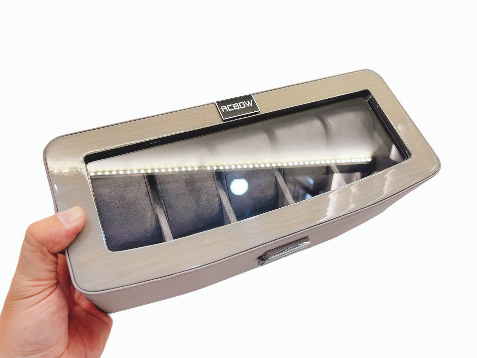 Hộp đựng đồng hồ 5 ngăn chính hãng acbow cao cấp sang trọng có khóa màu xám nhạt