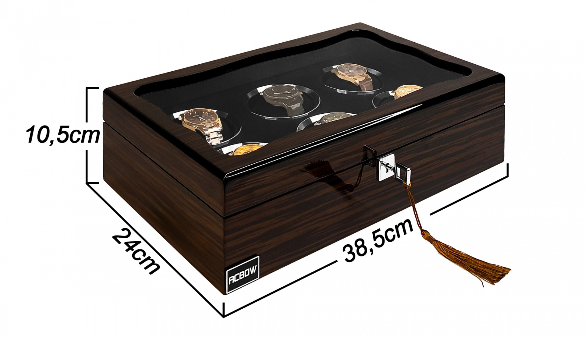 Hộp đựng đồng hồ ACBOW cao cấp Prenium 6 ngăn vỏ gỗ phủ Piano màu EBONY sang trọng