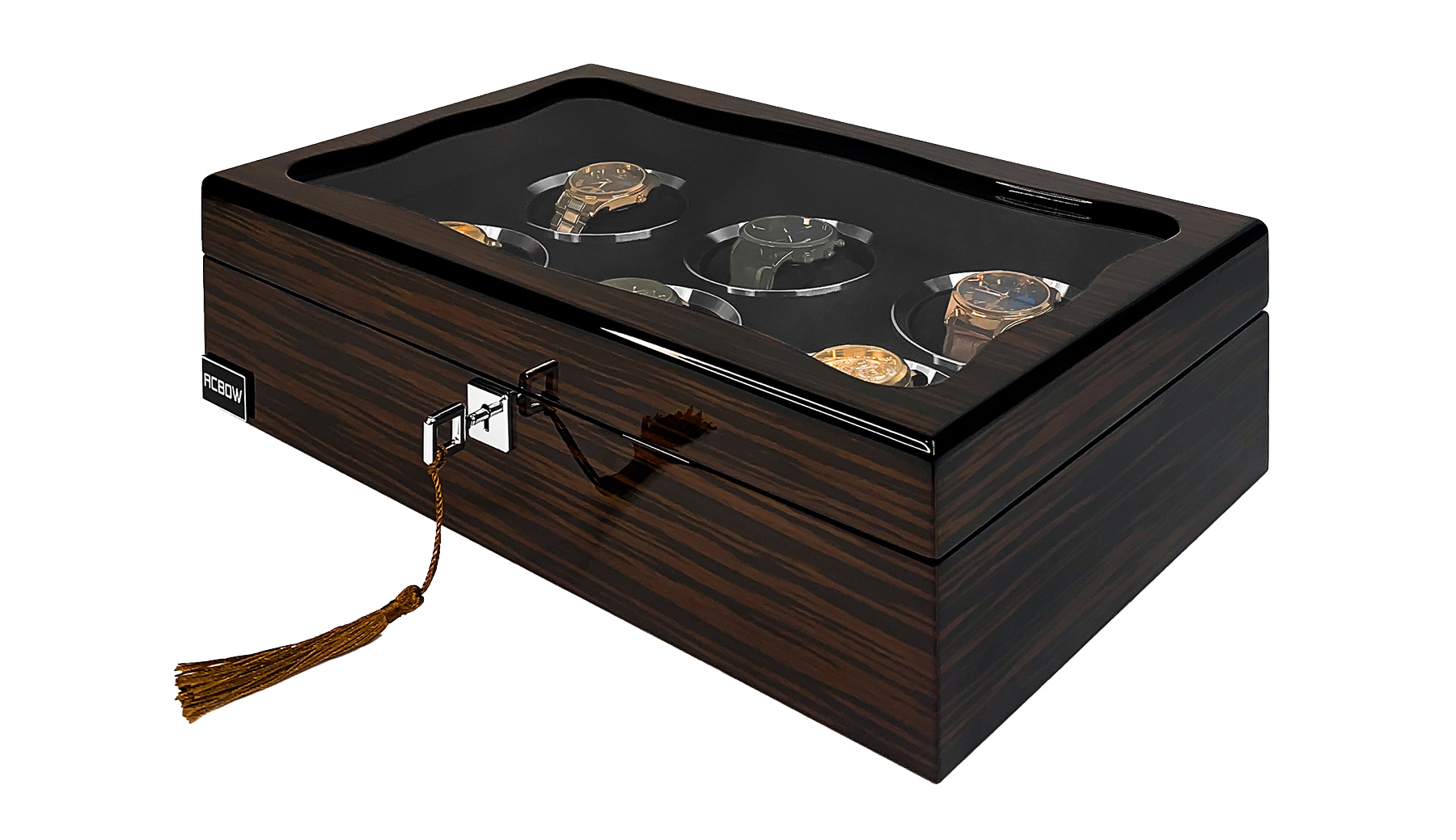 Hộp đựng đồng hồ ACBOW cao cấp Prenium 6 ngăn vỏ gỗ phủ Piano màu EBONY sang trọng